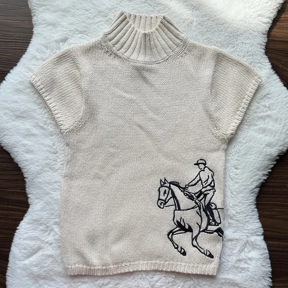 NWOT Maeve Equestrian Embroidered Mock-Neck Short-Sleeve Sweater Small Petite - Picture 2 of 9